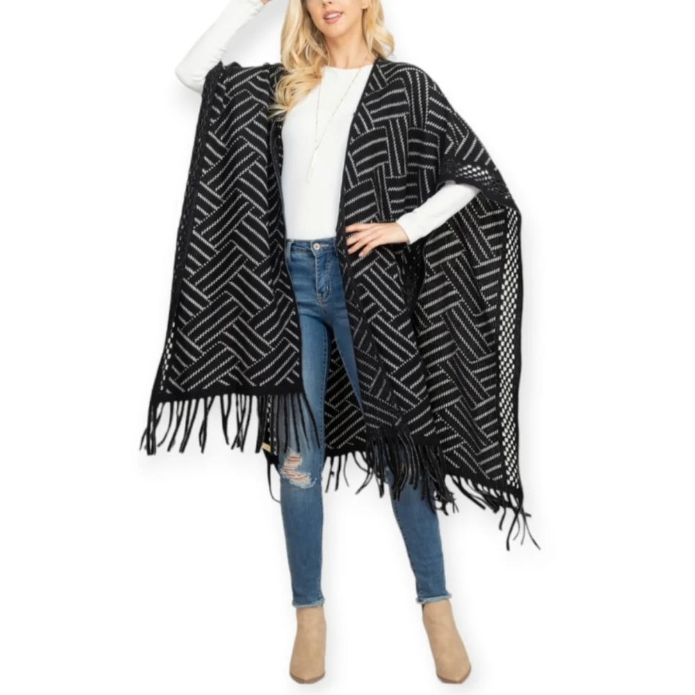Herringbone Ruana With Fringe - Picture 3 of 12